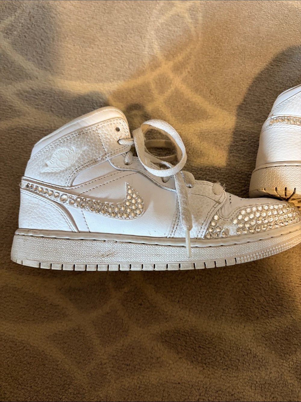 Nike Kids White Mid-Top Sneakers with Rhinestone Swoosh
